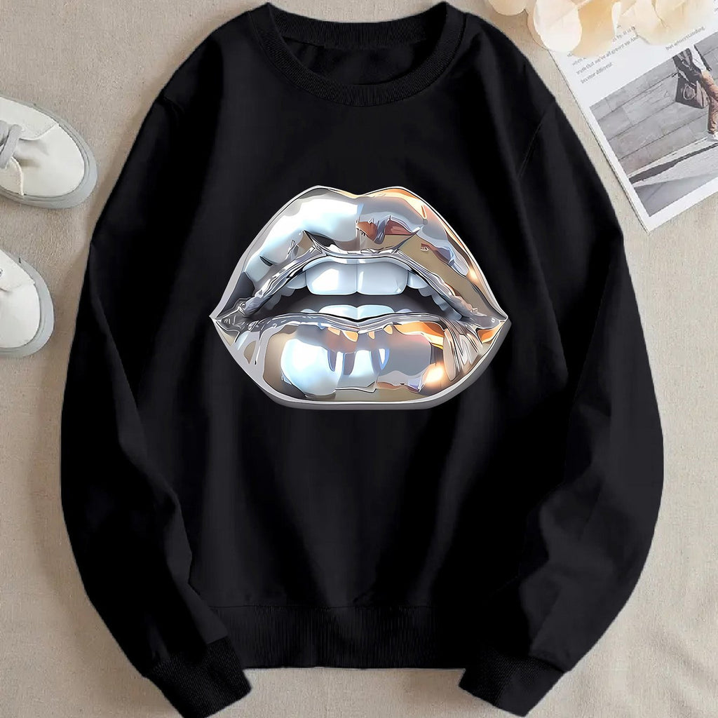Womens Cartoon Silver Lip-Printed Sweatshirt See size chart under “more details”