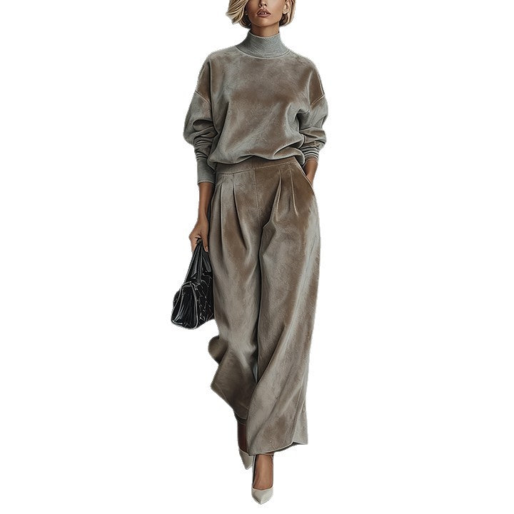Casual Warm Velour Long-sleeved Solid Color High-neck Zipper Wide-leg Sportswear See size chart under “more details”