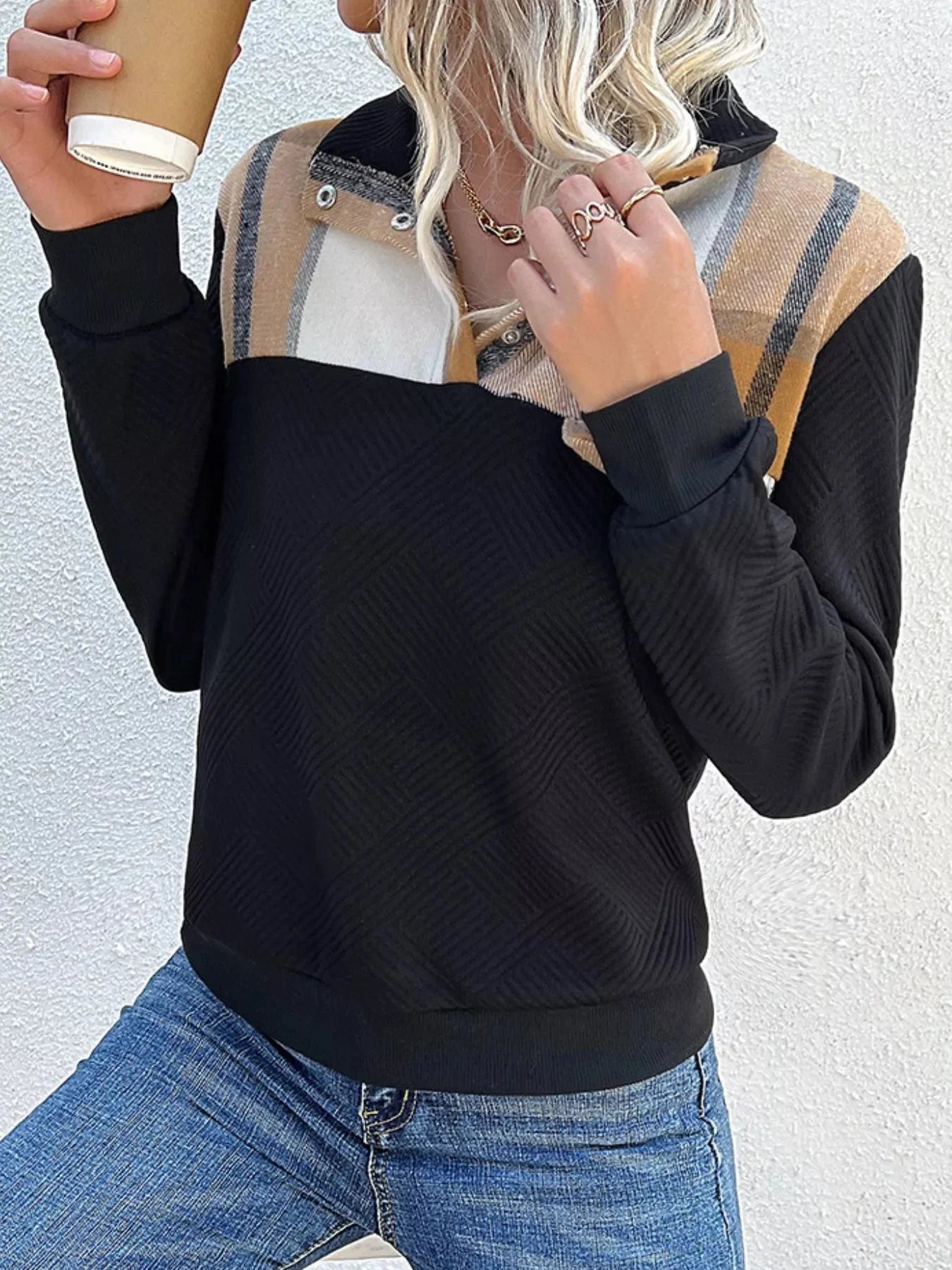 Color Block Texture Long Sleeve Sweatshirt