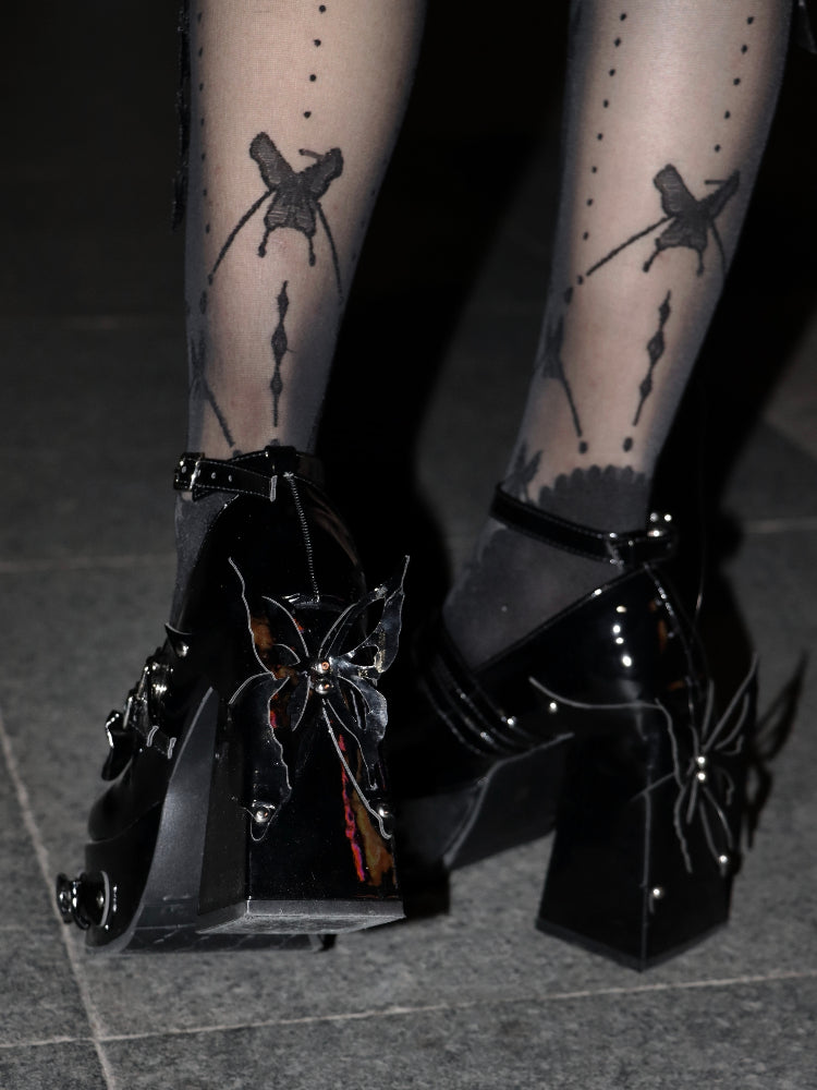 Rivet Bow Round Toe Bright Leather Platform Thick High Heels See size chart under “more details”