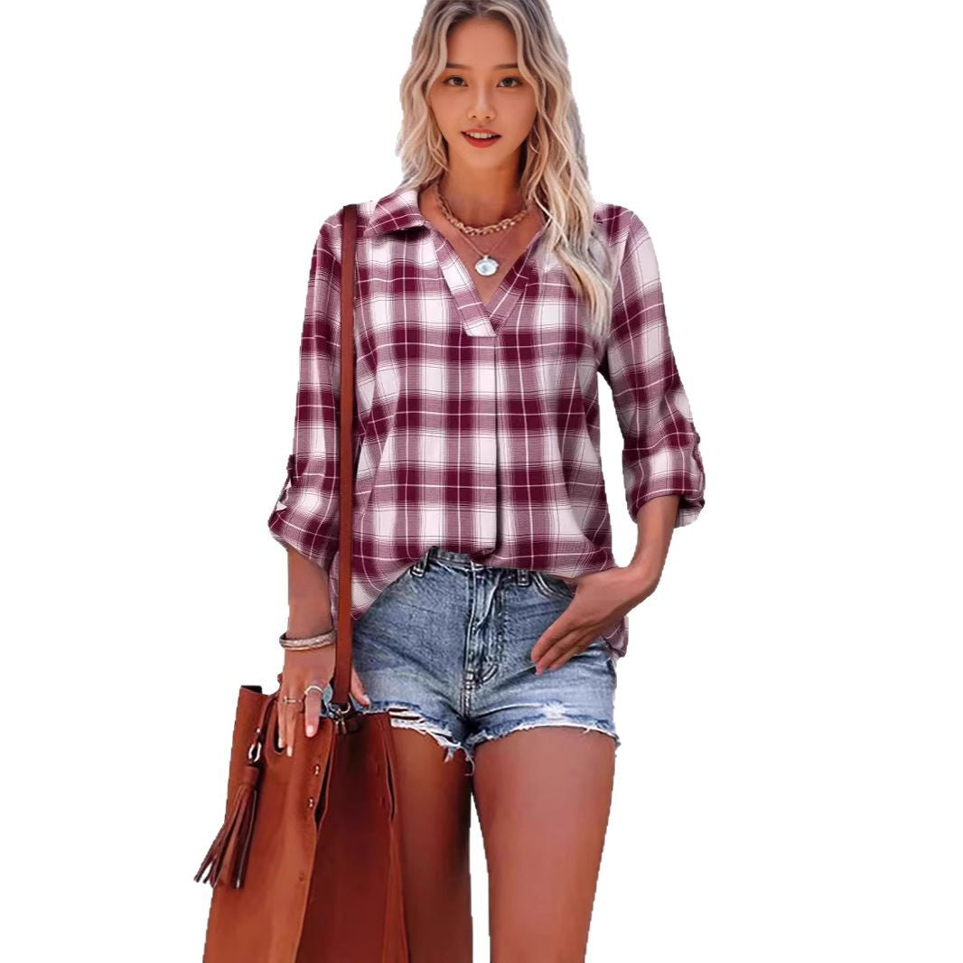 Lapel Loose Women's Plaid Shirt Commuter Style See size chart under “more details”