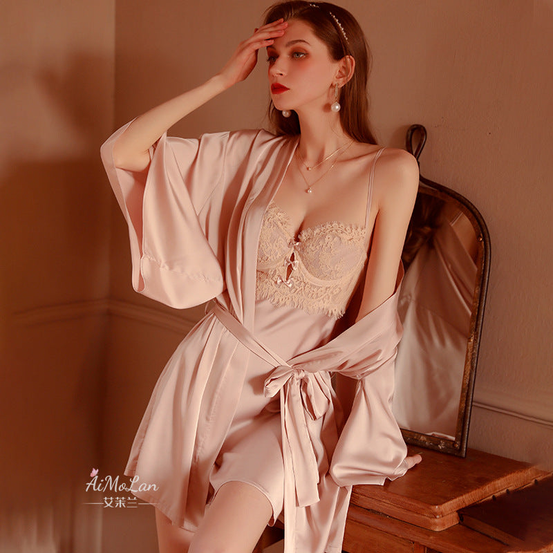 Womens Plus-Size Lace Ice Silk Underwire Camisole Bathrobe Set See size chart under “more details”