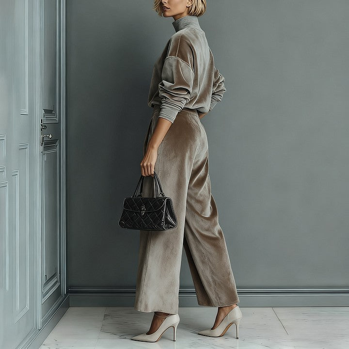 Casual Warm Velour Long-sleeved Solid Color High-neck Zipper Wide-leg Sportswear See size chart under “more details”