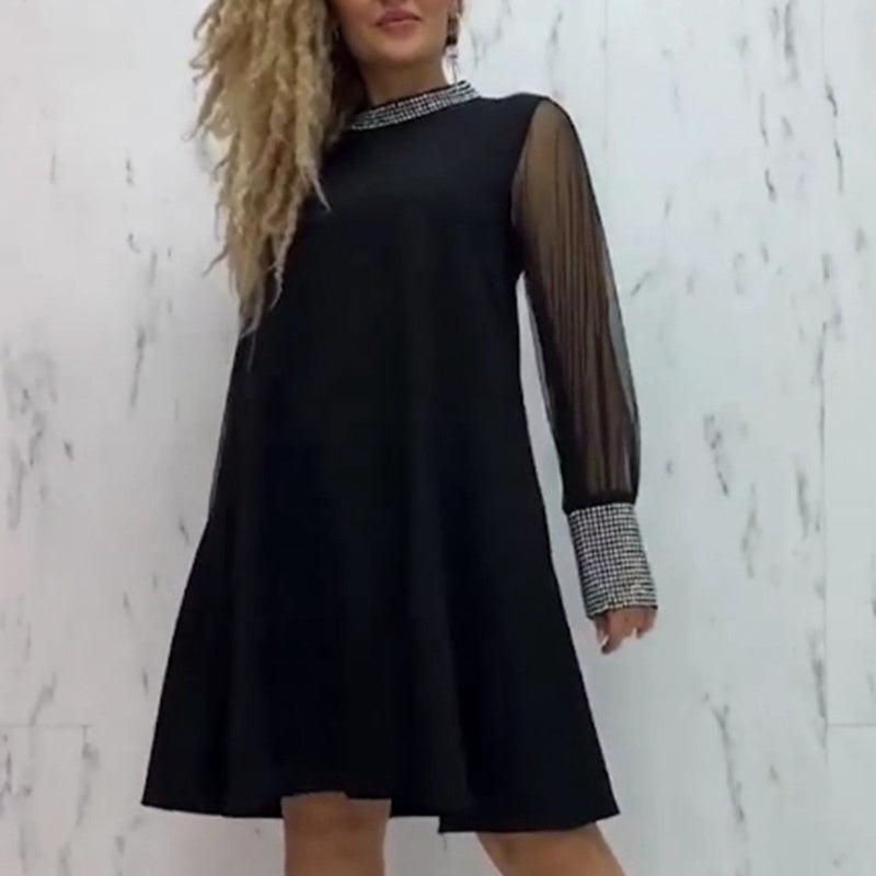 Fashion Diamond Round-neck Long-sleeved Dress Women's Clothing
