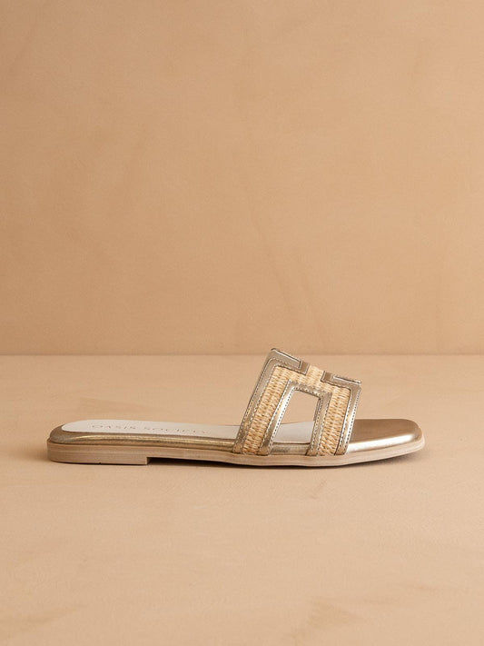 The Riviera Metallic Raffia Slide Sandals