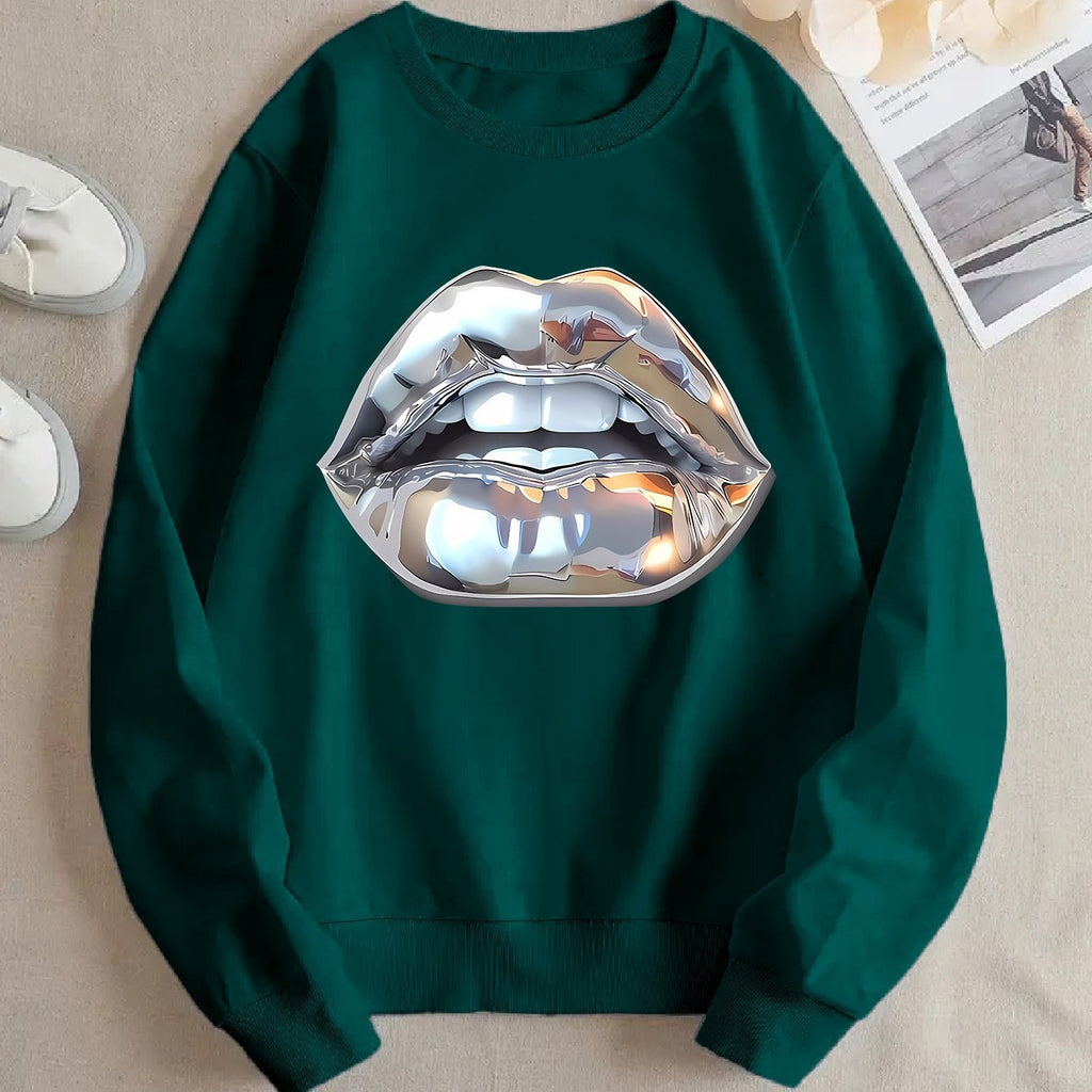 Womens Cartoon Silver Lip-Printed Sweatshirt See size chart under “more details”