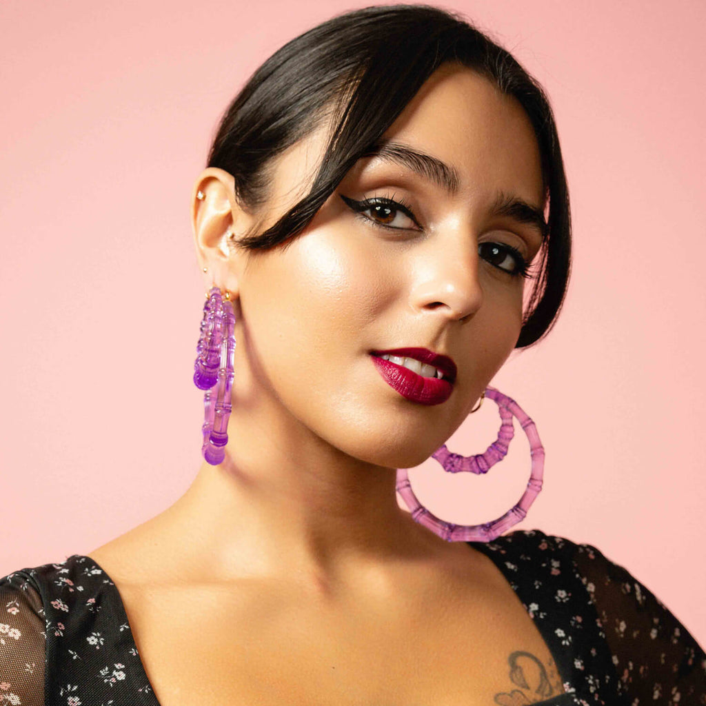 XL Purple Grape Lucite Bamboo Hoop Earrings See size chart under “more details”