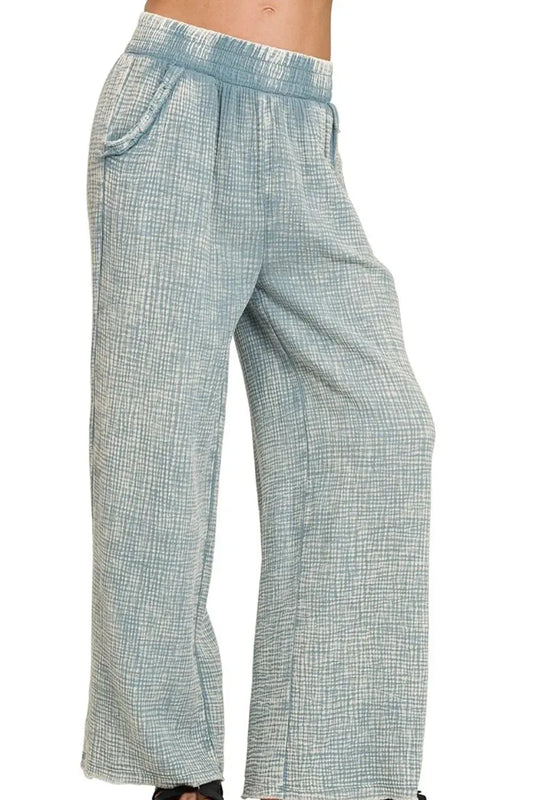 Zenana Washed Double Gauze Elastic Waist Women's Lounge Pants (Blue Gray)