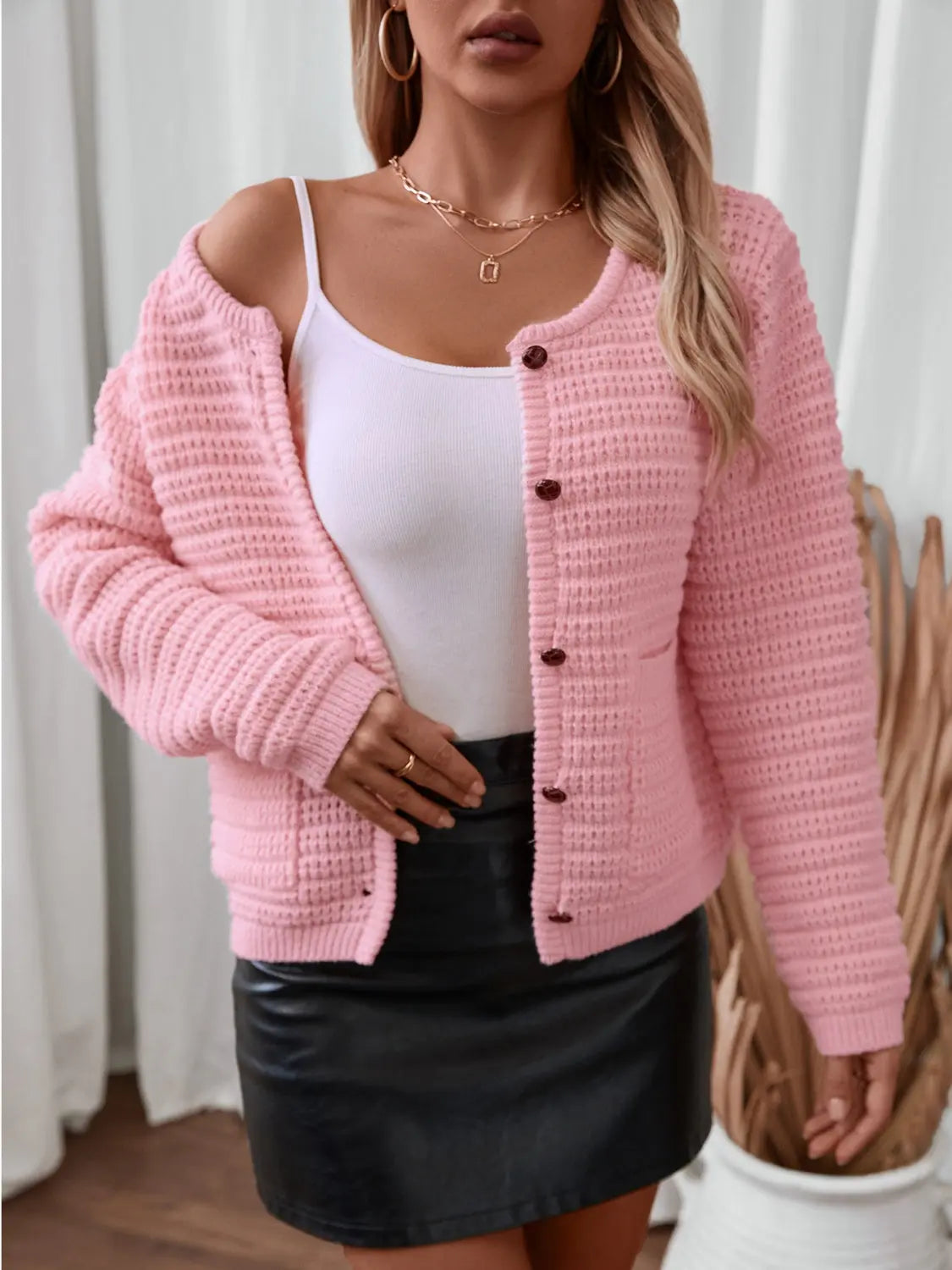 Textured Knit Button Up Long Sleeve Cardigan