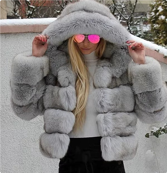 Women's Minimalist Hooded Patchwork Fur Grass Jacket (please see size chart for help with sizing or send us an email for assist. info@thefashioncelestial.com See size chart under “more details”