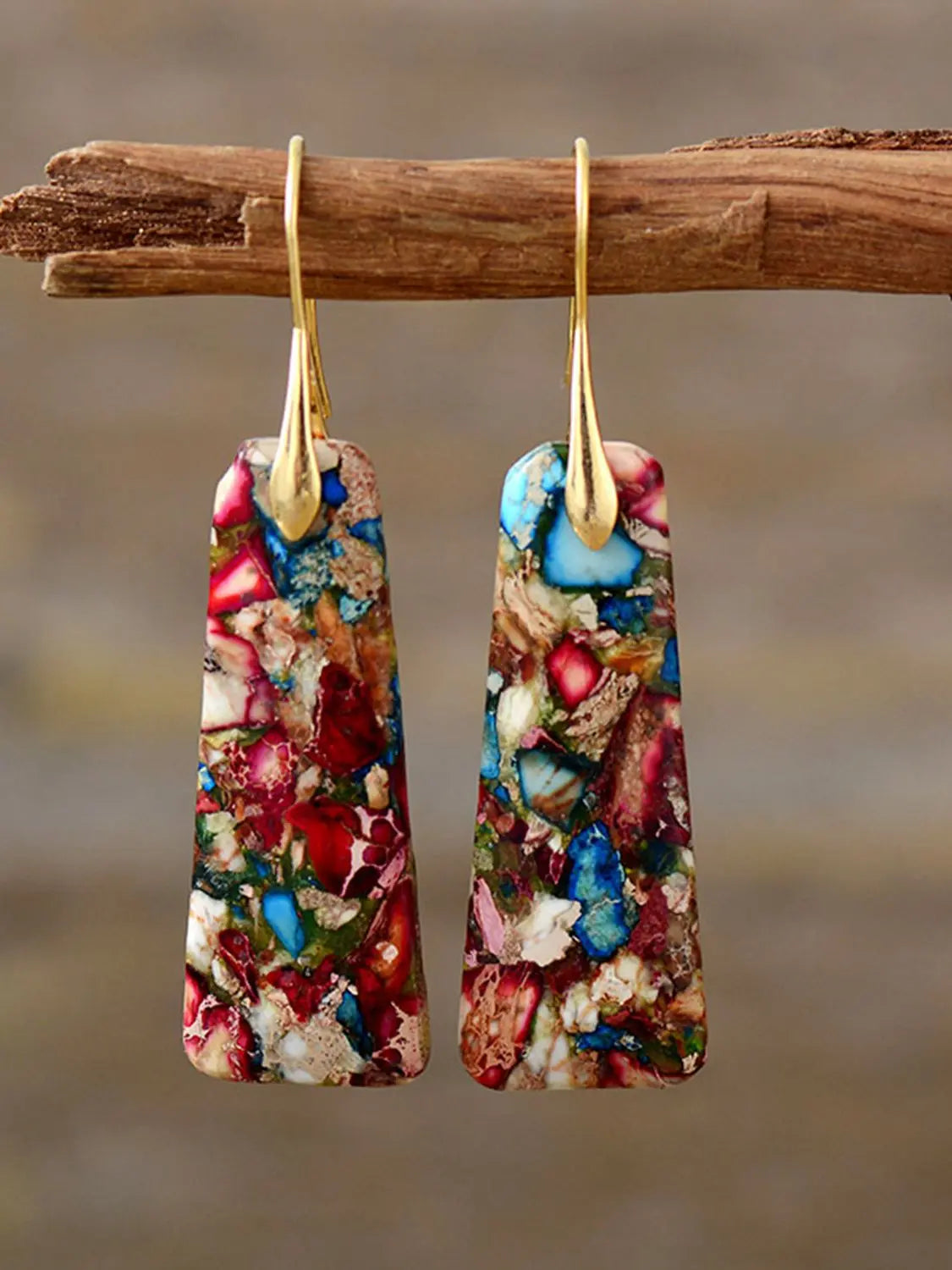 Geometric Imperial Jasper Dangle Earrings - Boho Gold Hooks