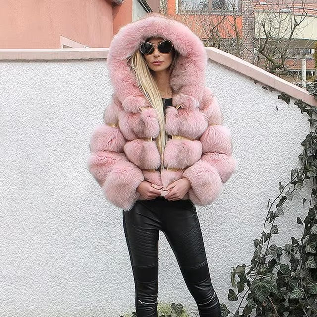 Women's Minimalist Hooded Patchwork Fur Grass Jacket (please see size chart for help with sizing or send us an email for assist. info@thefashioncelestial.com See size chart under “more details”