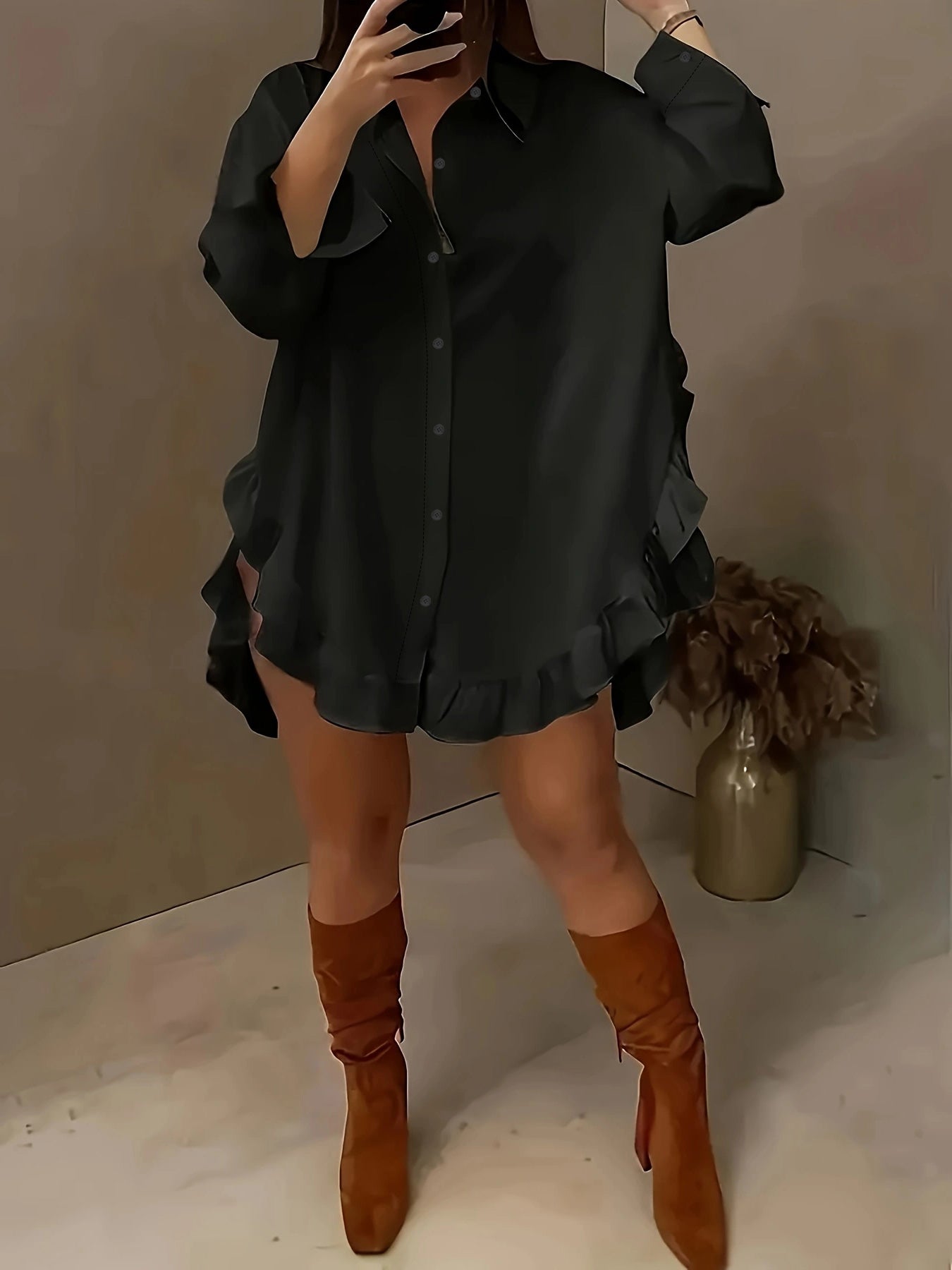 Hem Ruffled Casual Long Sleeve Shirt See size chart under “more details”