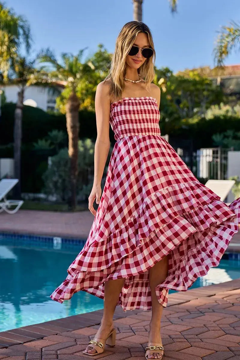 BiBi Smocked Body Off Shoulder Check Dress (Red)