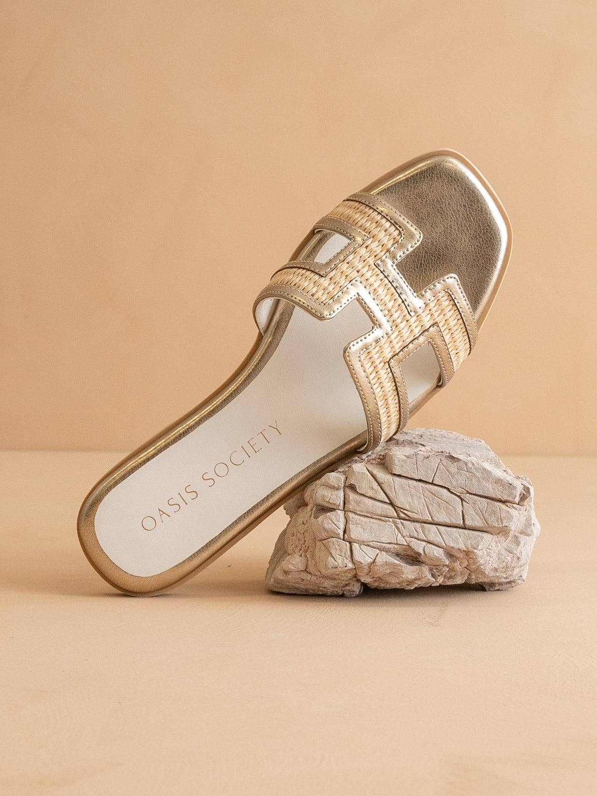 The Riviera Metallic Raffia Slide Sandals