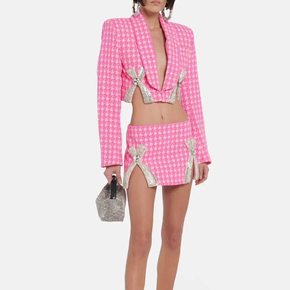 Niche Design Rhinestone Bow Knitted Coat Skirt Outfit See size chart under “more details”