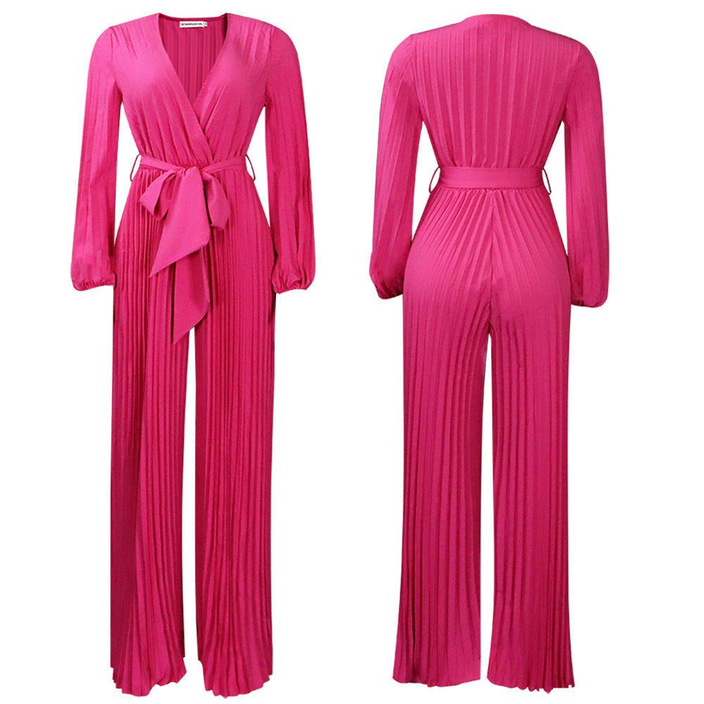 V-neck Lace Up Pleated Wide-leg Plus Size Jumpsuit See size chart under “more details”