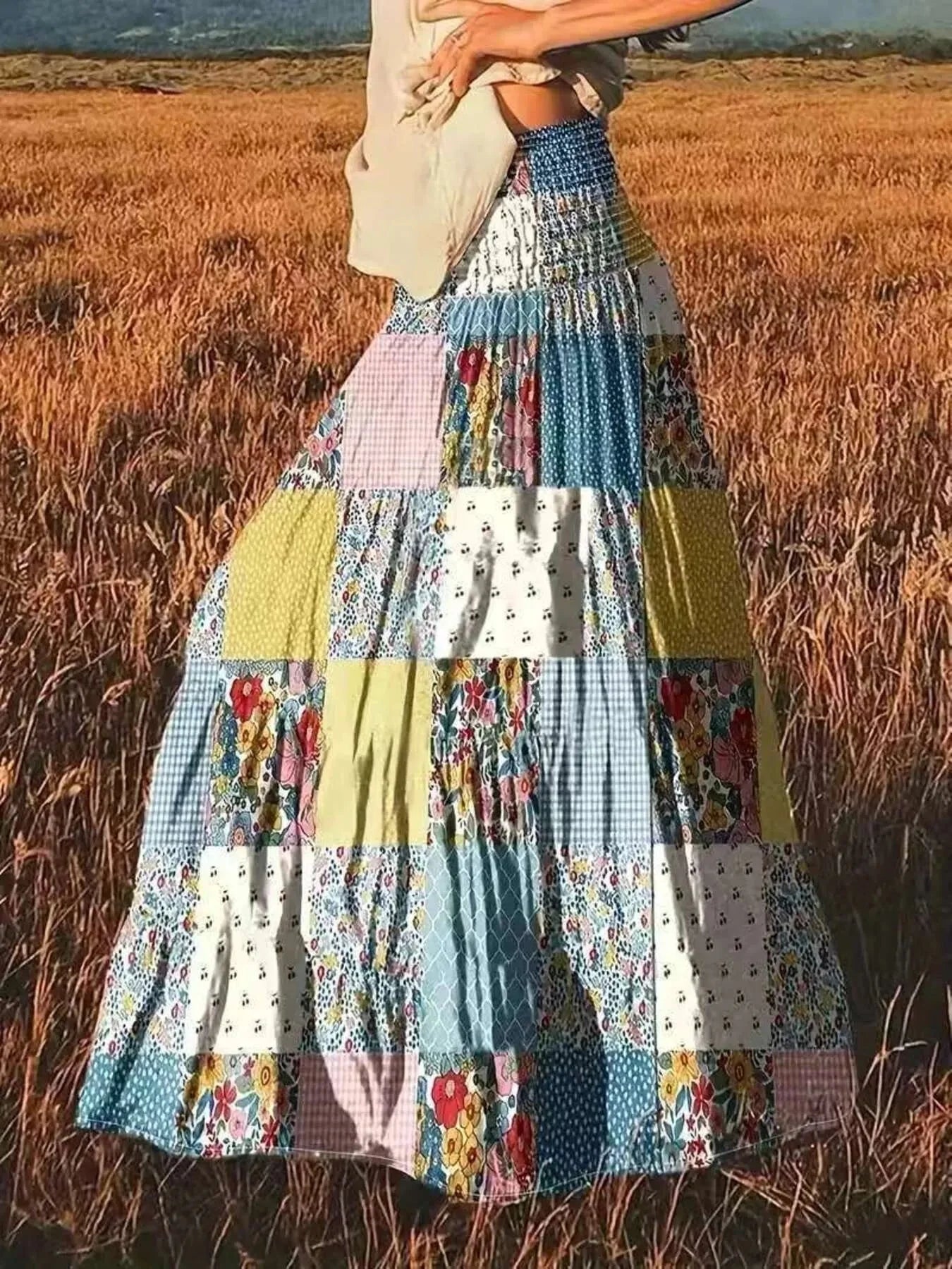 Smocked Waist Patchwork Tiered Bohemian Maxi Skirt with Pockets