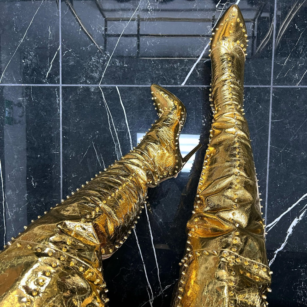 Explosive Sexy Gold-studded Stiletto-pointed Fashion Boots See size chart under “more details”