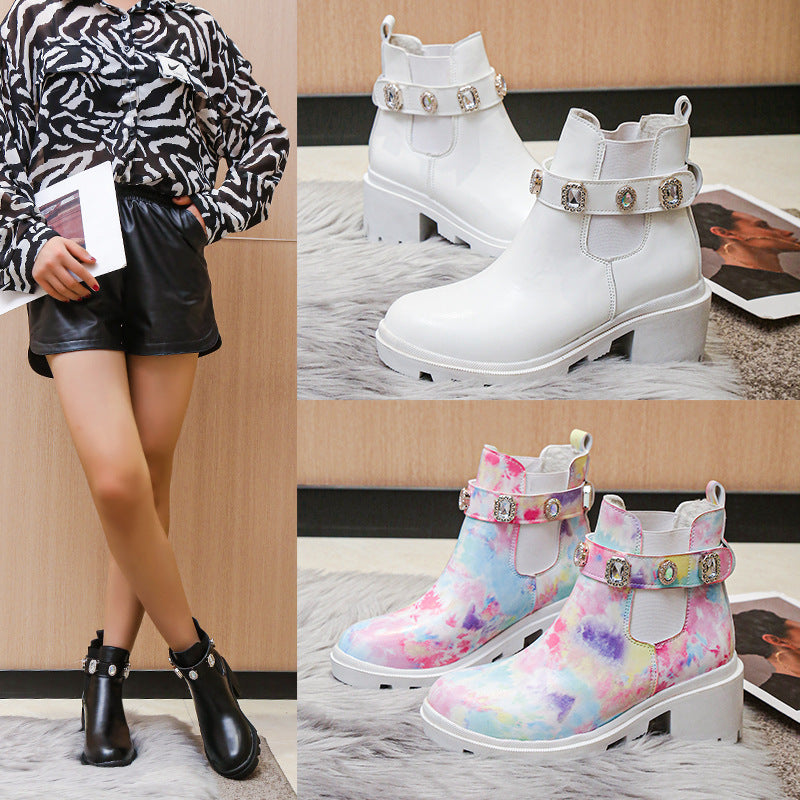Euro-American Fashion Rhinestone Chunky-heel Trendy Boots See size chart under “more details”
