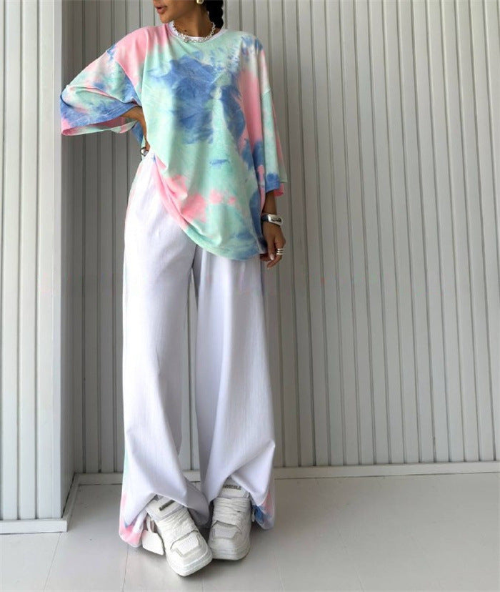 Womens Short-Sleeve Crew-Neck Tie-Dye T-Shirt And Pants Set