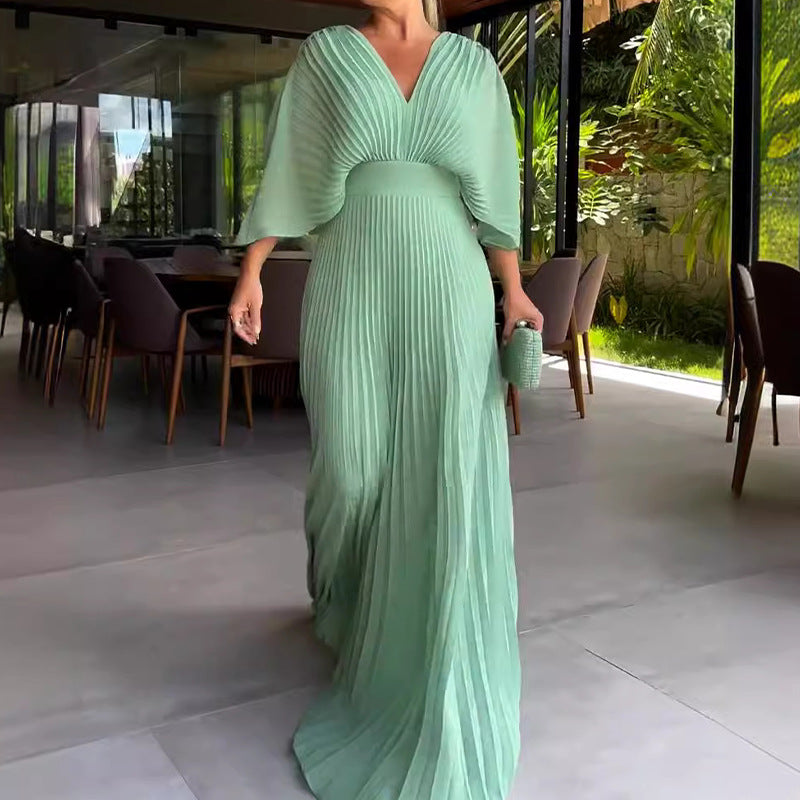 Women's Solid Color And V-neck Bat Sleeve High Waist Dress See size chart under “more details”