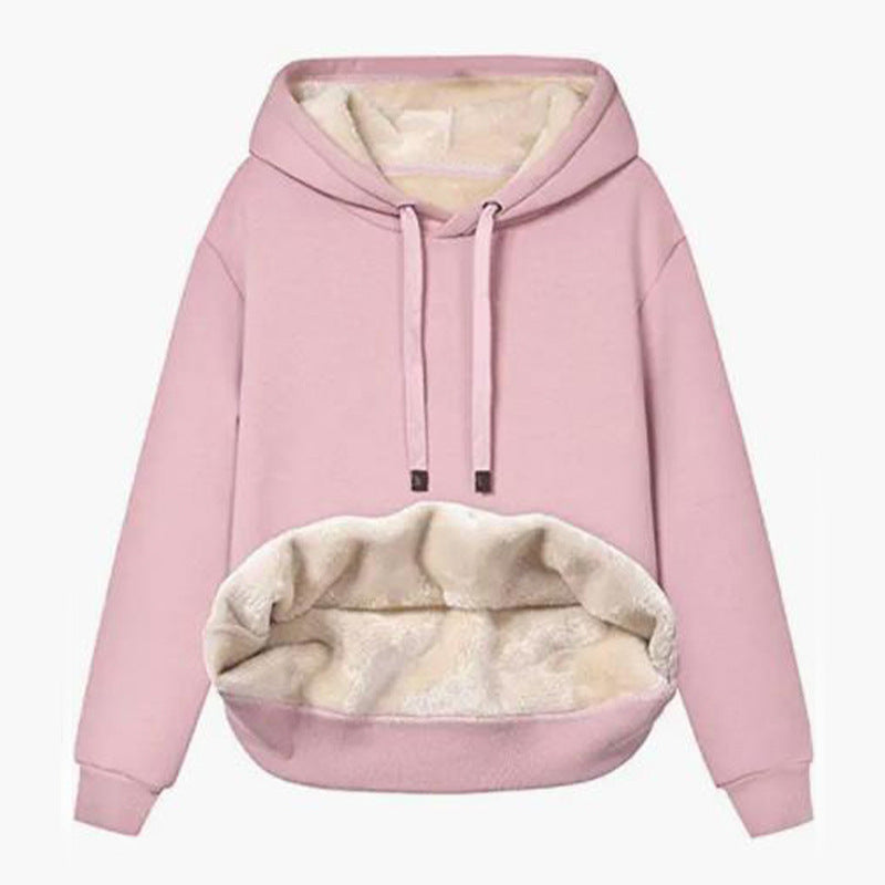 Autumn And Winter Warm Lamb Fleece Pocket Hooded Sports Sweatshirt Jacket For Women See size chart under “more details”
