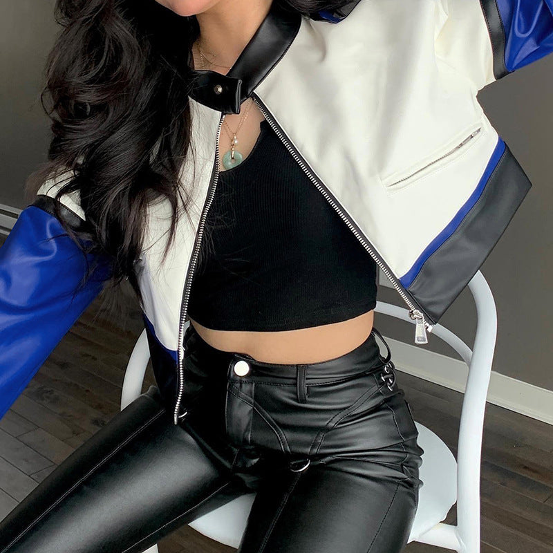 Women's Zip Button Collar Long Sleeve Dress Contrast Leather Jacket