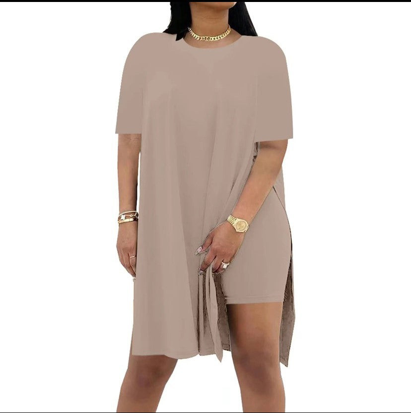 Summer Solid-Color Loose Crew-Neck Short-Sleeve Pants Two-Piece Set