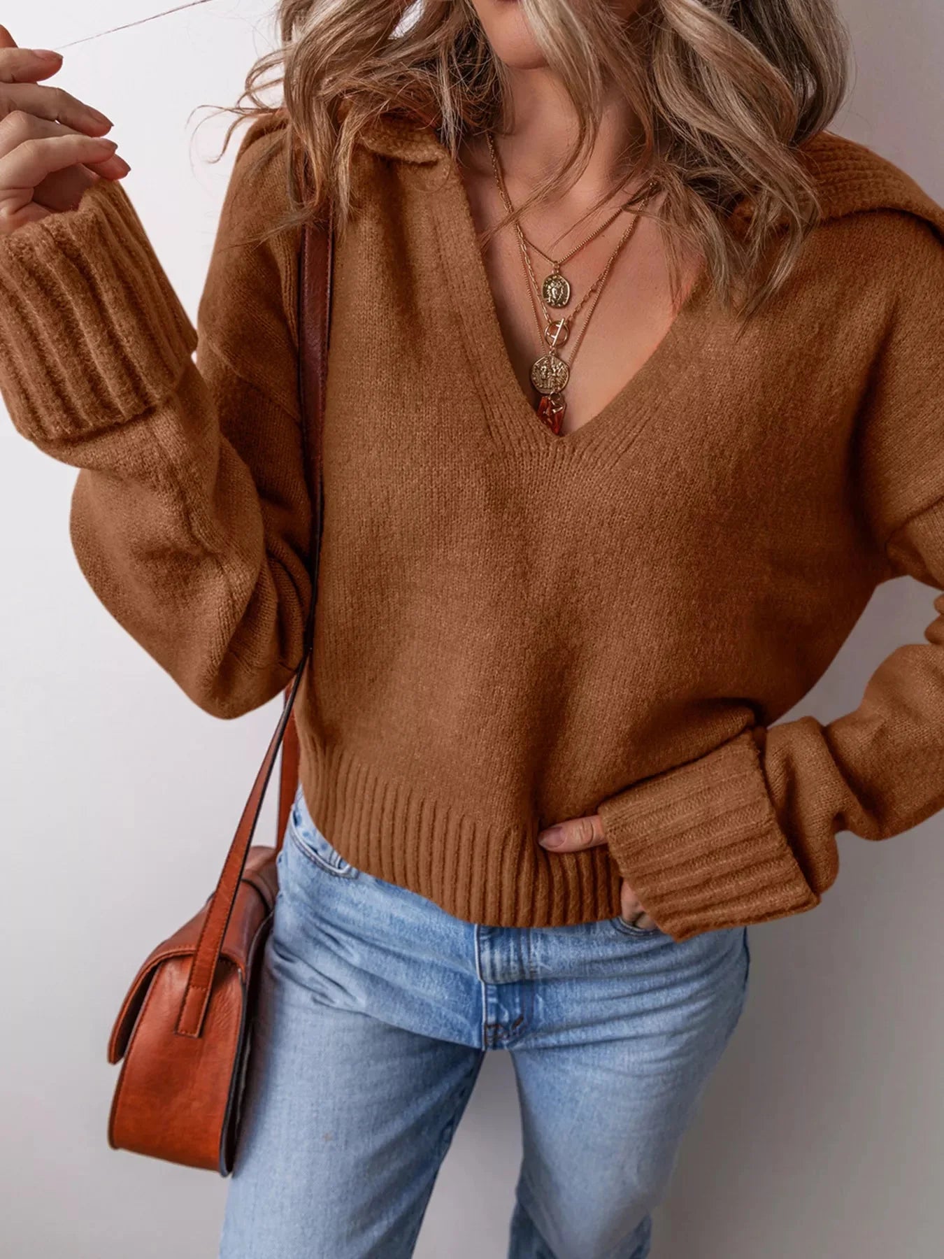 Collared Ribbed Edge V Neck Sweater