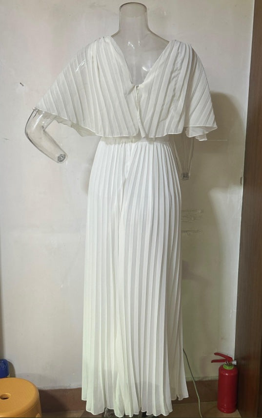 Women's Solid Color And V-neck Bat Sleeve High Waist Dress See size chart under “more details”