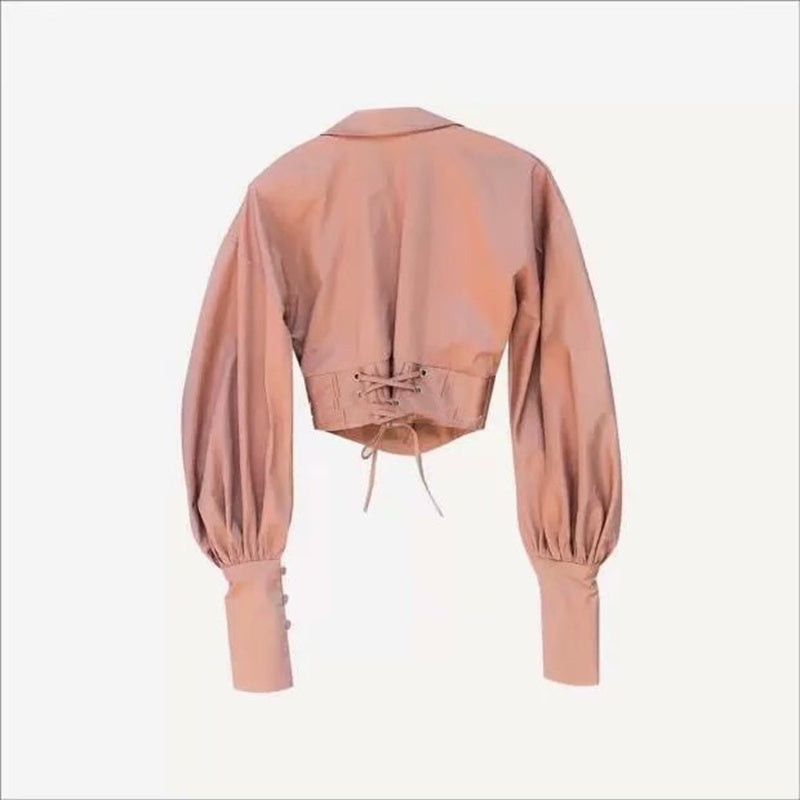 Women's Tie Waist Lapel Balloon Sleeve Shirt See size chart under “more details”