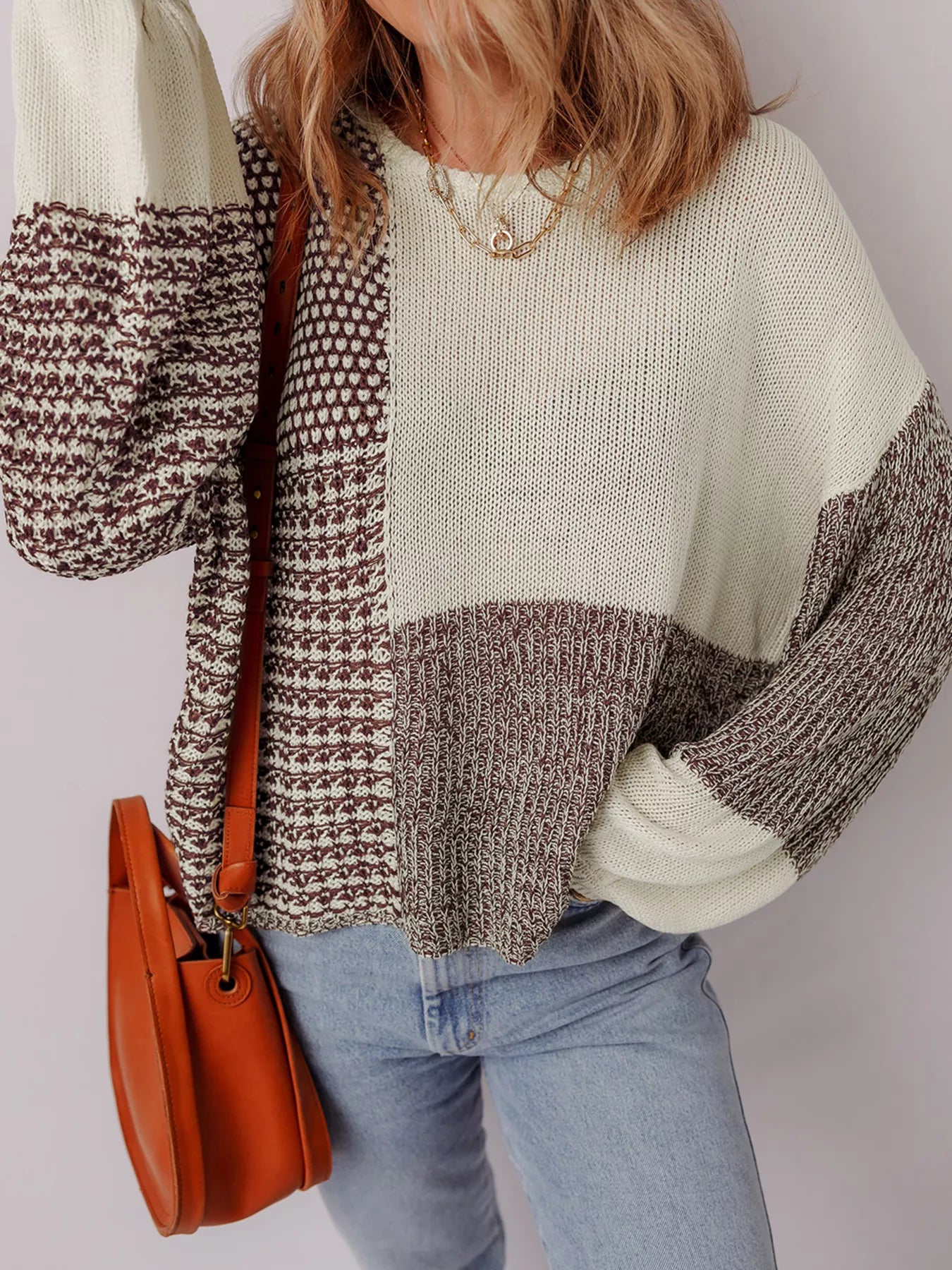 Color Block Loose Back Tie Drop Shoulder Sweater