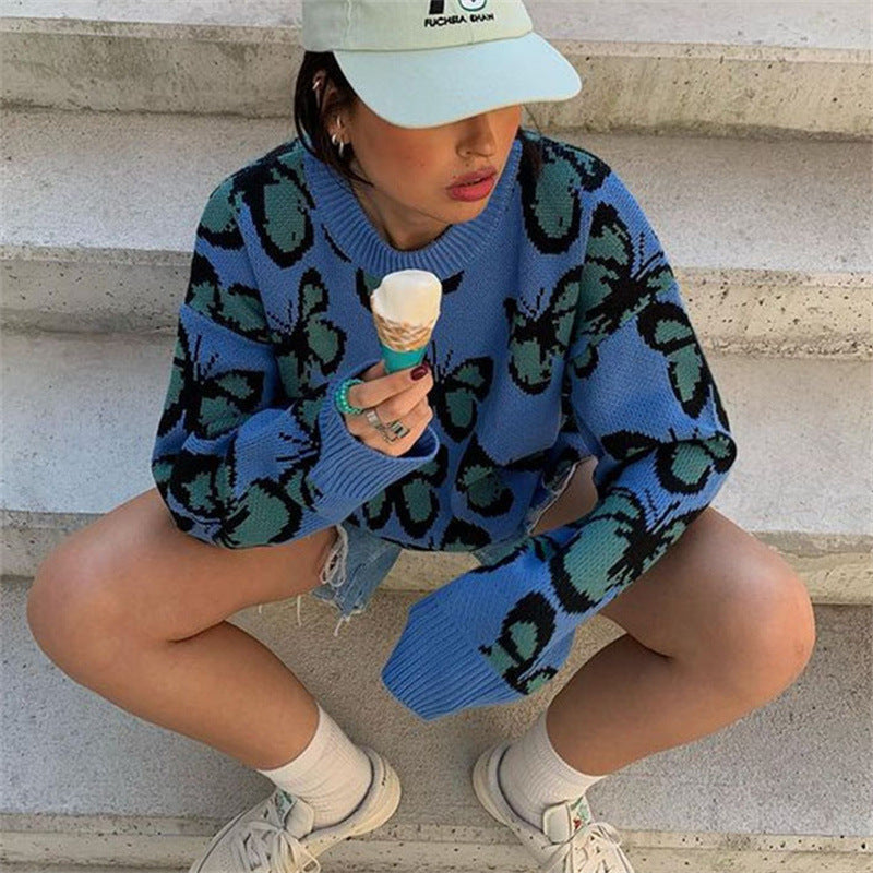 Autumn And Winter Butterfly Print Plus Size Ladies Trendy Sweater