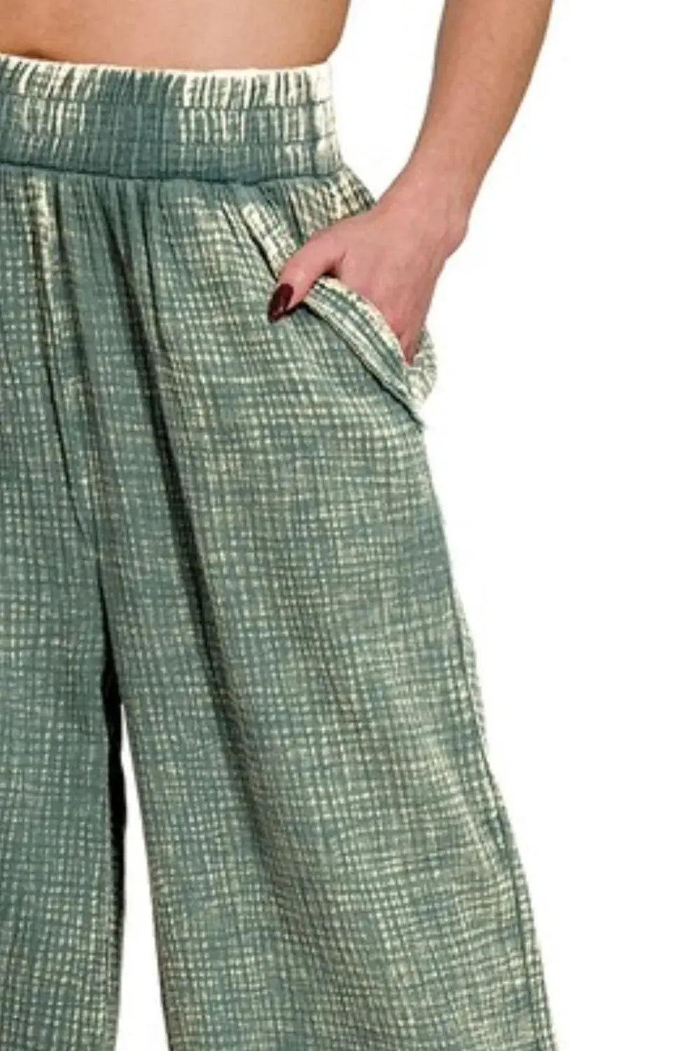 Zenana Jade Washed Cotton Gauze Wide Leg Palazzo Pants
