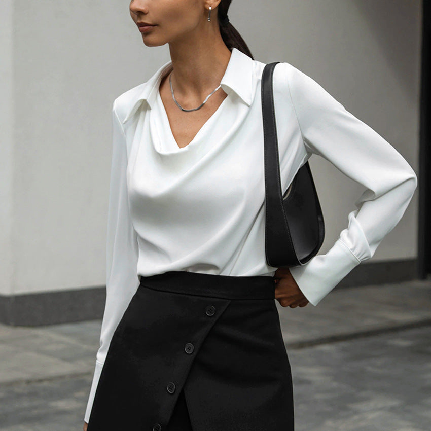 Women's Fashion Long Sleeve Irregular Collar Drape Shirt See size chart under “more details”