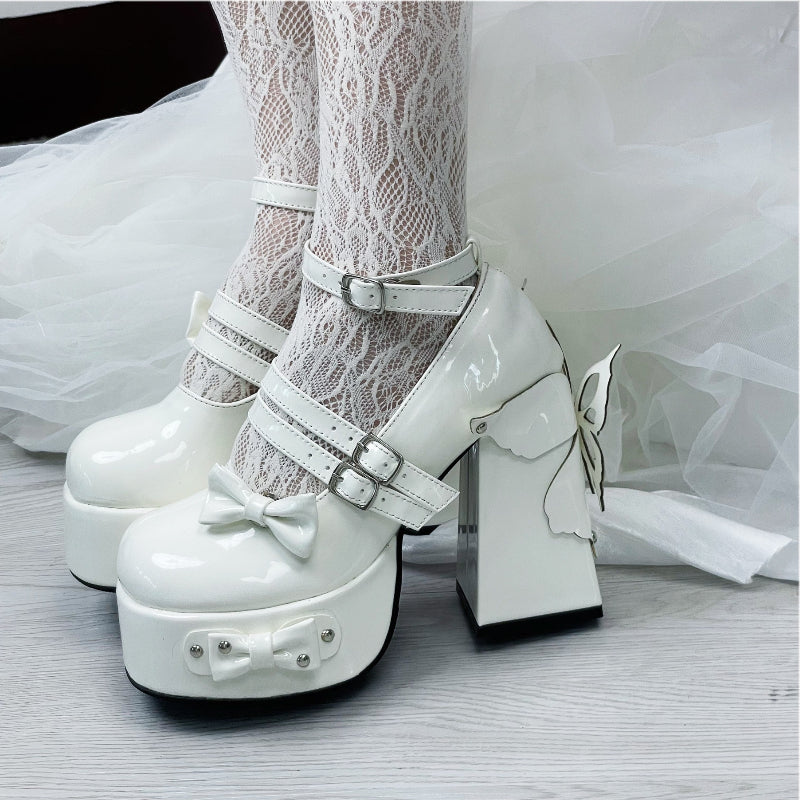 Rivet Bow Round Toe Bright Leather Platform Thick High Heels See size chart under “more details”