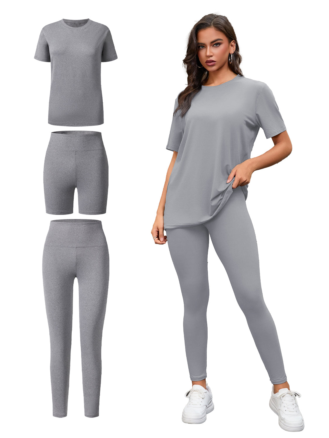 Three Piece Set, Round Neck Short Sleeved Top And Shorts And Pants Set, Sports And Casual Clothing See size chart under “more details”