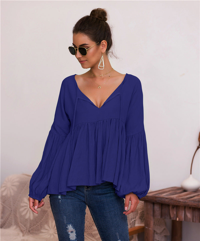 Puff Sleeve Solid Color V-neck Blouse T-shirt