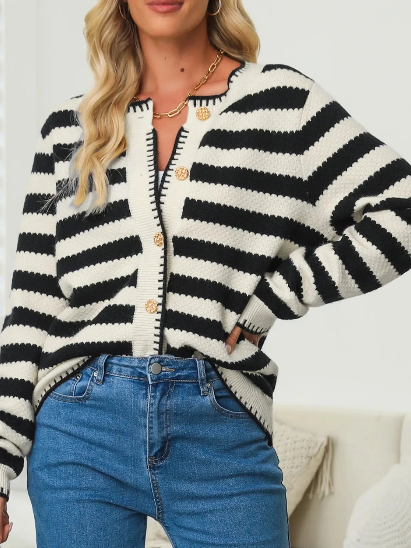 Button Down Striped Long Sleeve Cardigan