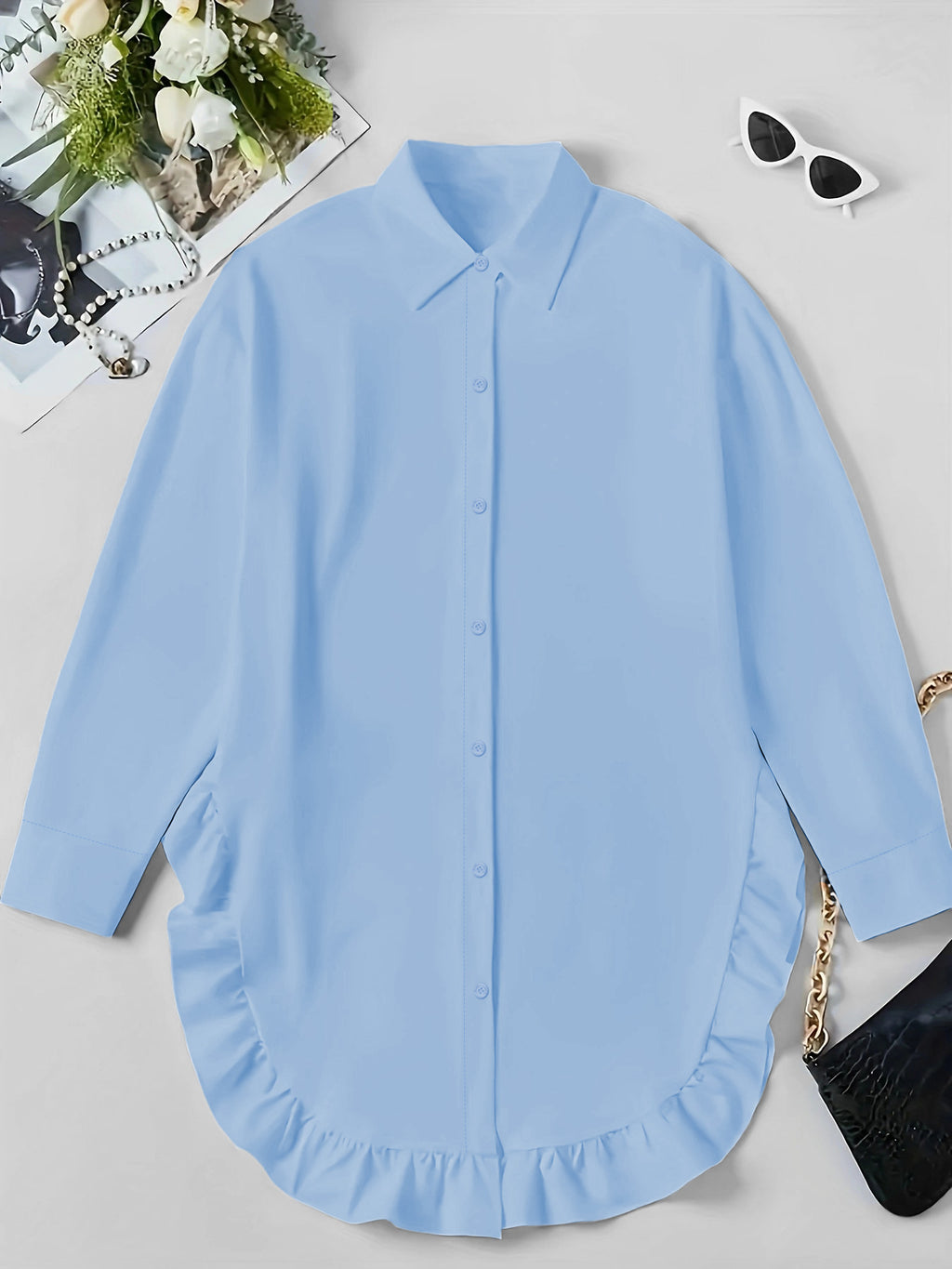 Hem Ruffled Casual Long Sleeve Shirt See size chart under “more details”
