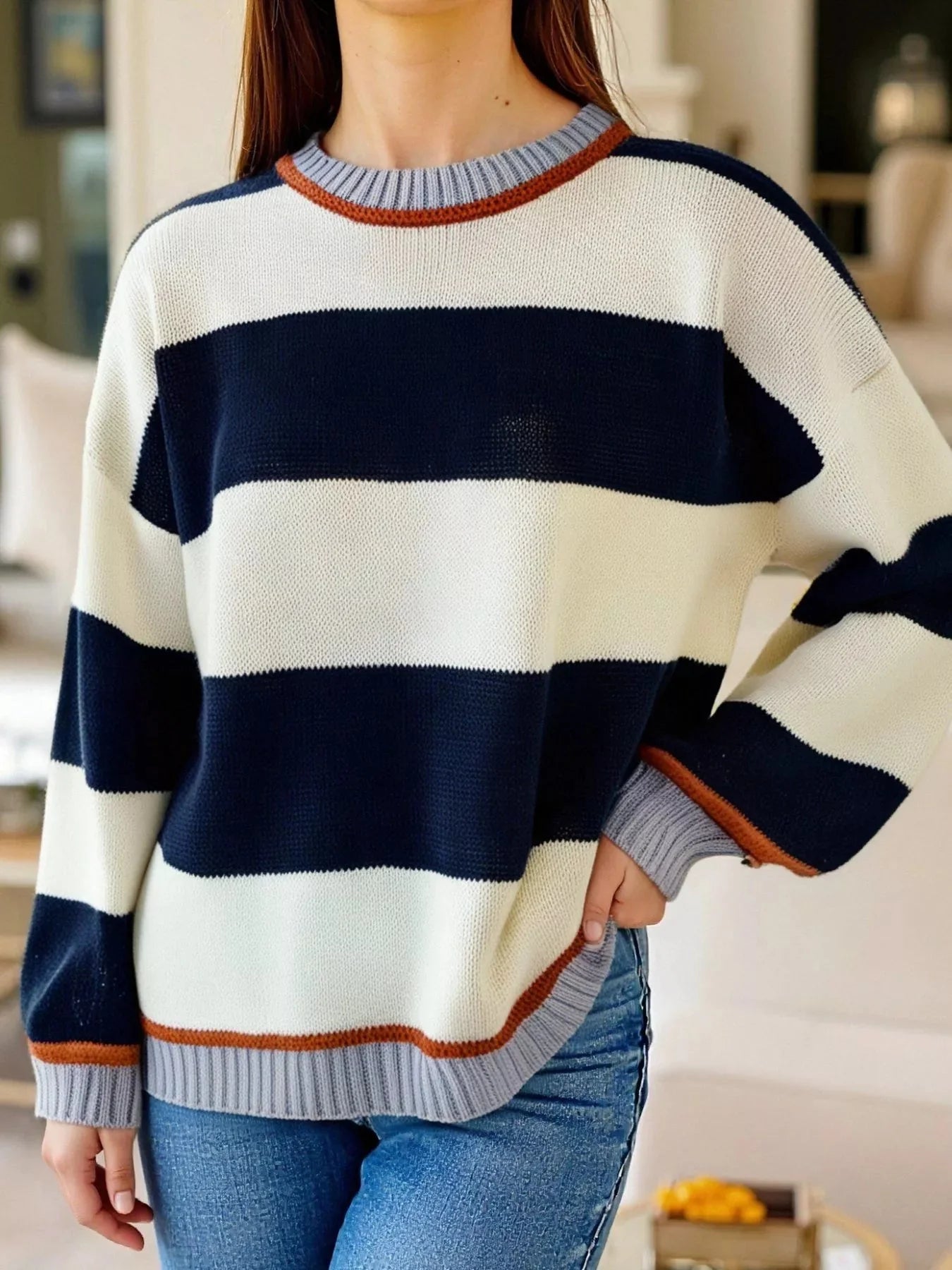 Color Block Oversized Round Neck Sweater