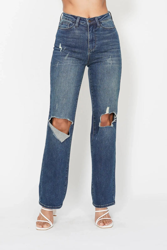 Full Size High Waist Ripped Knee Straight Leg Dad Judy Blue Jeans