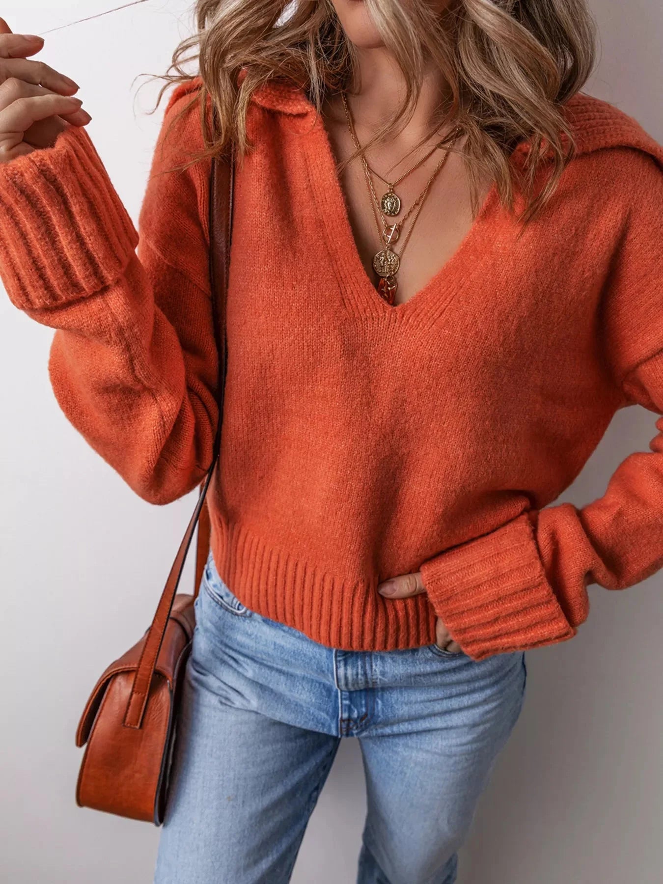 Collared Ribbed Edge V Neck Sweater