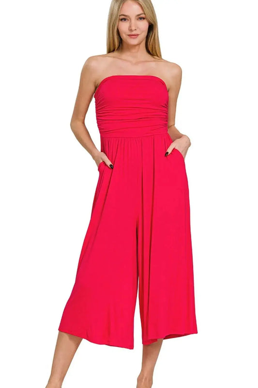 Zenana Strapless Ruched Tube Jumpsuit with Pockets – Red Culotte Style