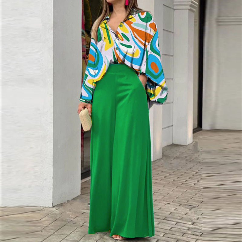 Women's Printed Shirt Wide Leg Pants Fashion Casual Set See size chart under “more details”