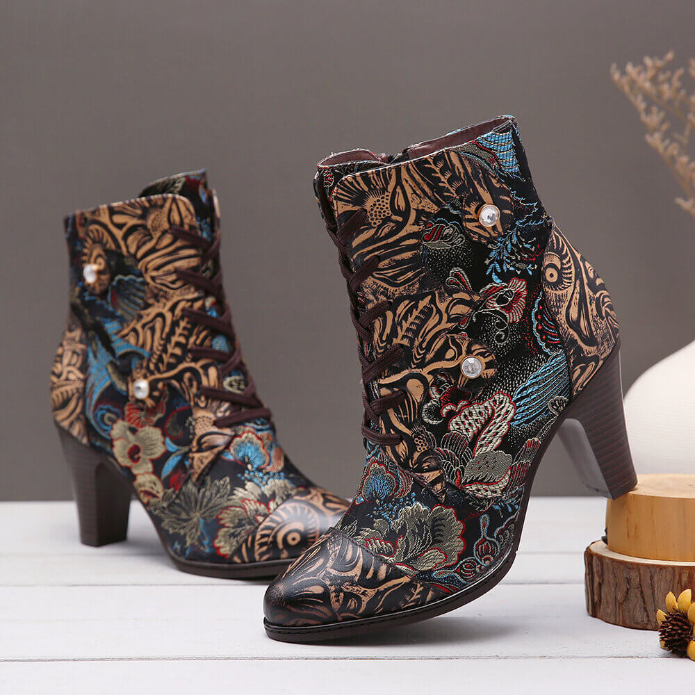 Starlit Radiance Handmade Floral Embroidered Leather Boots
