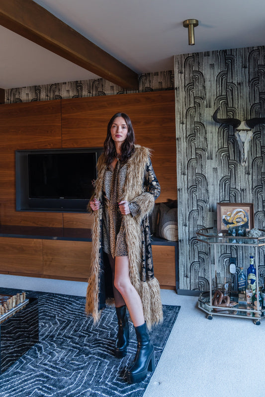 Penny Deluxe Oro Blossom Fawn Faux Fur Trim Coat