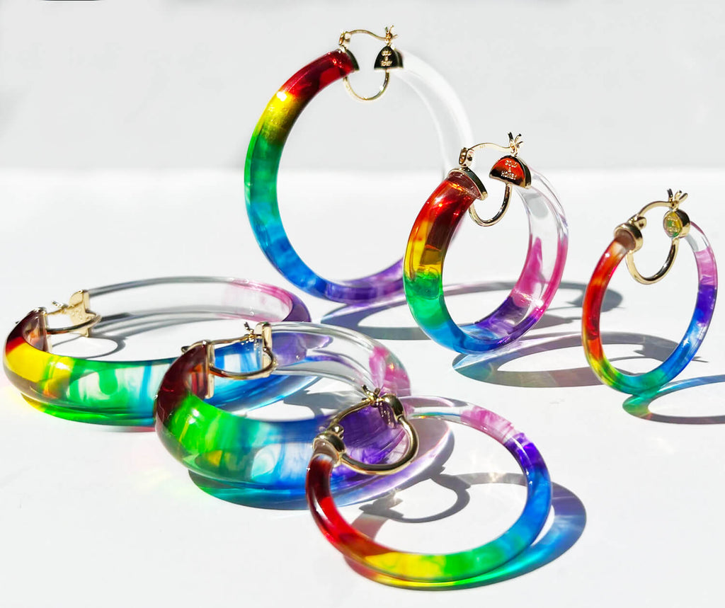PRIDE Rainbow Tie Dye Lucite Hoops See size chart under “more details”