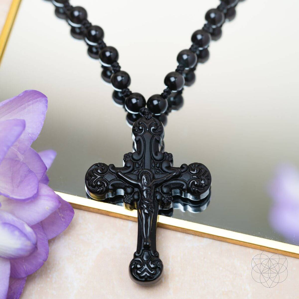 Lunar Grace Obsidian Cross Necklace For Sacred Protection